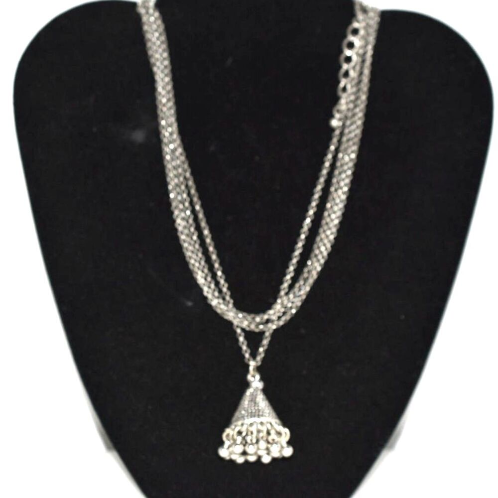 Intriguing 1.5" Jhumka Pendant Brushed Silver Tone Multi Layer 16" Necklace